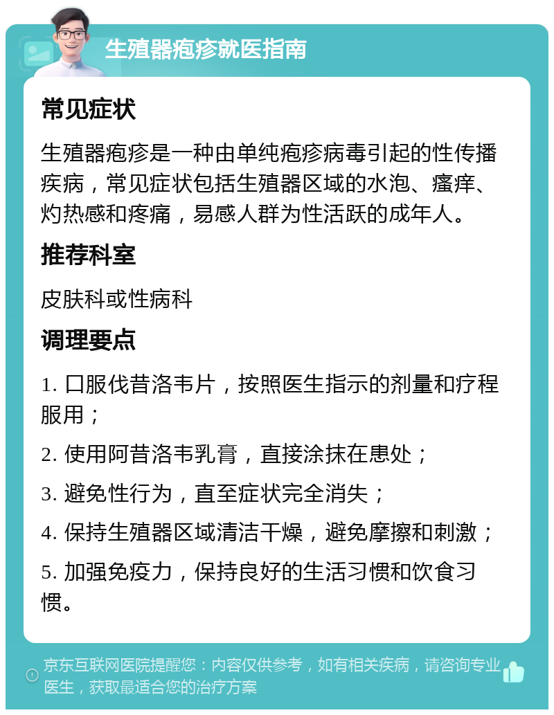 生殖器疱疹就医指南 常见症状 生殖器疱疹是一种由单纯疱疹病毒引起的性传播疾病，常见症状包括生殖器区域的水泡、瘙痒、灼热感和疼痛，易感人群为性活跃的成年人。 推荐科室 皮肤科或性病科 调理要点 1. 口服伐昔洛韦片，按照医生指示的剂量和疗程服用； 2. 使用阿昔洛韦乳膏，直接涂抹在患处； 3. 避免性行为，直至症状完全消失； 4. 保持生殖器区域清洁干燥，避免摩擦和刺激； 5. 加强免疫力，保持良好的生活习惯和饮食习惯。