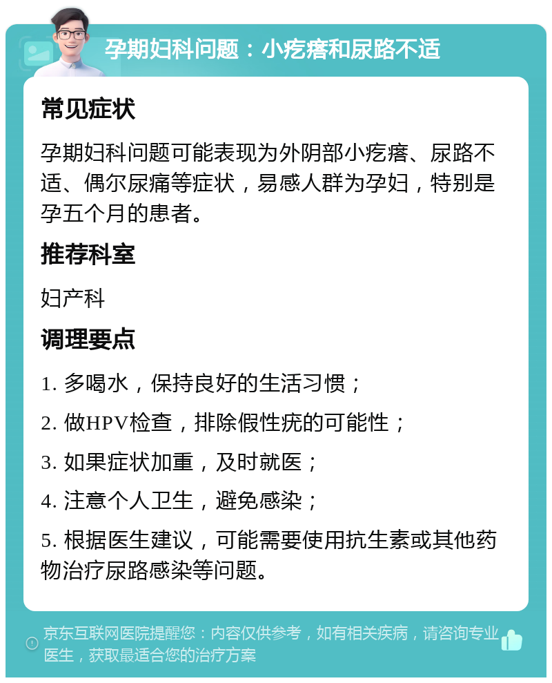 孕期妇科问题：小疙瘩和尿路不适 常见症状 孕期妇科问题可能表现为外阴部小疙瘩、尿路不适、偶尔尿痛等症状，易感人群为孕妇，特别是孕五个月的患者。 推荐科室 妇产科 调理要点 1. 多喝水，保持良好的生活习惯； 2. 做HPV检查，排除假性疣的可能性； 3. 如果症状加重，及时就医； 4. 注意个人卫生，避免感染； 5. 根据医生建议，可能需要使用抗生素或其他药物治疗尿路感染等问题。