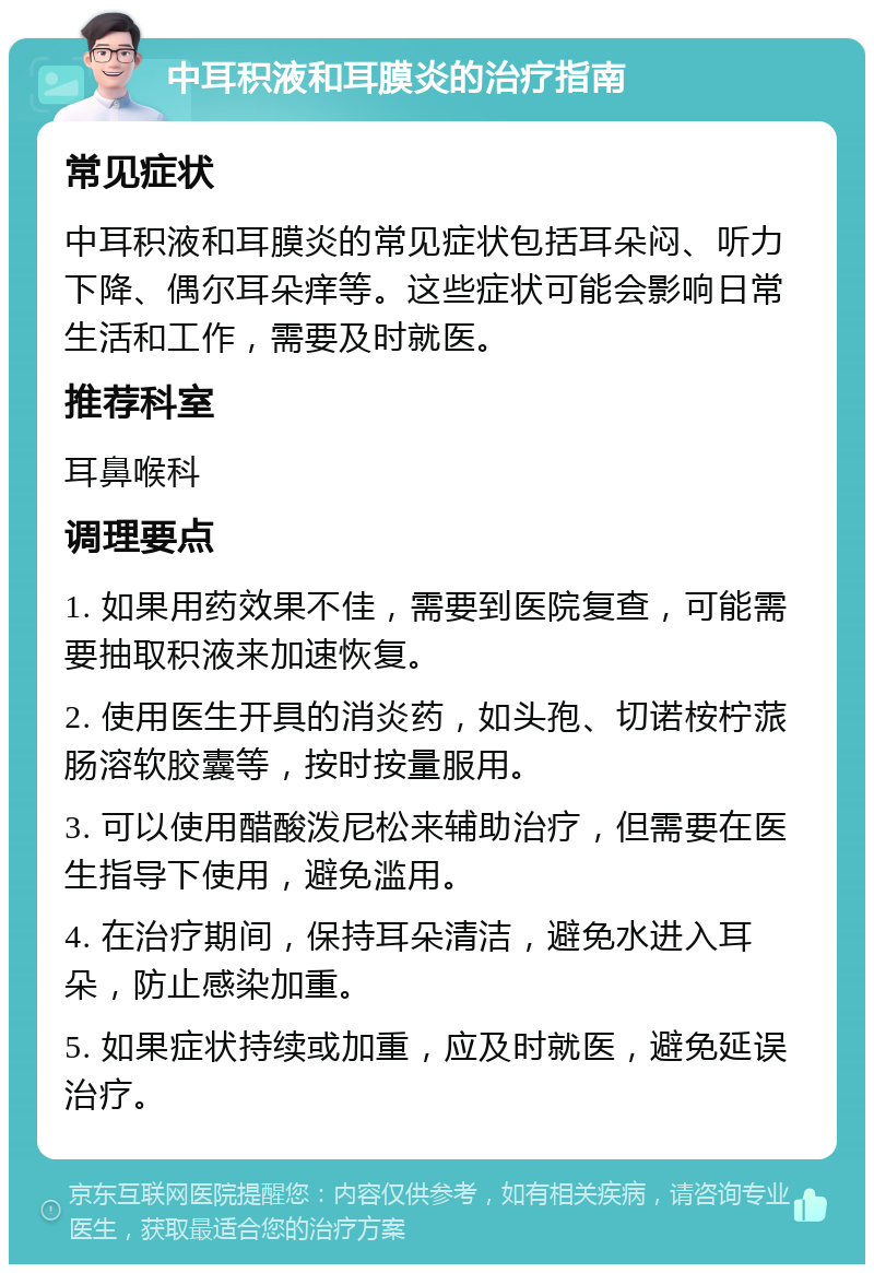 中耳积液和耳膜炎的治疗指南 常见症状 中耳积液和耳膜炎的常见症状包括耳朵闷、听力下降、偶尔耳朵痒等。这些症状可能会影响日常生活和工作，需要及时就医。 推荐科室 耳鼻喉科 调理要点 1. 如果用药效果不佳，需要到医院复查，可能需要抽取积液来加速恢复。 2. 使用医生开具的消炎药，如头孢、切诺桉柠蒎肠溶软胶囊等，按时按量服用。 3. 可以使用醋酸泼尼松来辅助治疗，但需要在医生指导下使用，避免滥用。 4. 在治疗期间，保持耳朵清洁，避免水进入耳朵，防止感染加重。 5. 如果症状持续或加重，应及时就医，避免延误治疗。