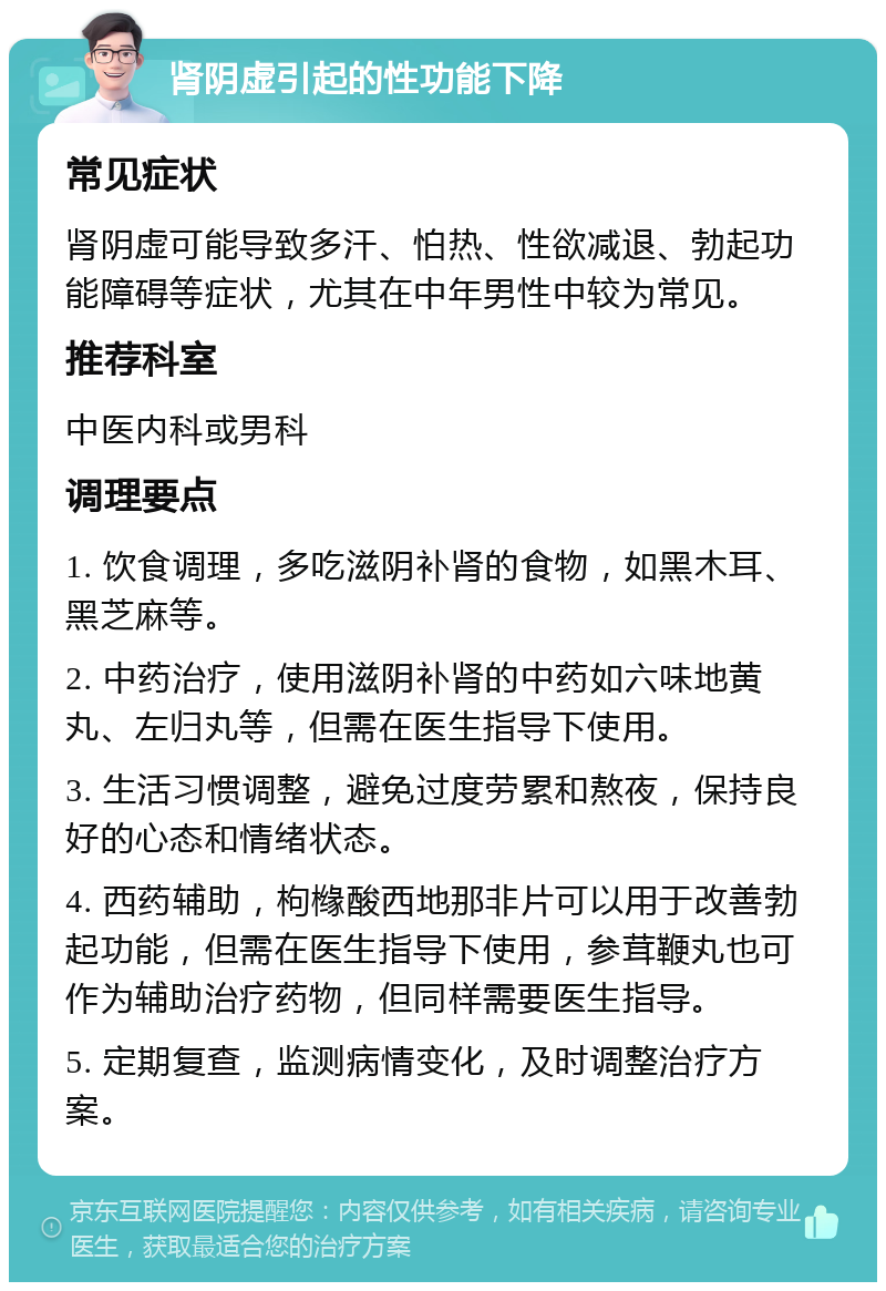 肾阴虚引起的性功能下降 常见症状 肾阴虚可能导致多汗、怕热、性欲减退、勃起功能障碍等症状，尤其在中年男性中较为常见。 推荐科室 中医内科或男科 调理要点 1. 饮食调理，多吃滋阴补肾的食物，如黑木耳、黑芝麻等。 2. 中药治疗，使用滋阴补肾的中药如六味地黄丸、左归丸等，但需在医生指导下使用。 3. 生活习惯调整，避免过度劳累和熬夜，保持良好的心态和情绪状态。 4. 西药辅助，枸橼酸西地那非片可以用于改善勃起功能，但需在医生指导下使用，参茸鞭丸也可作为辅助治疗药物，但同样需要医生指导。 5. 定期复查，监测病情变化，及时调整治疗方案。