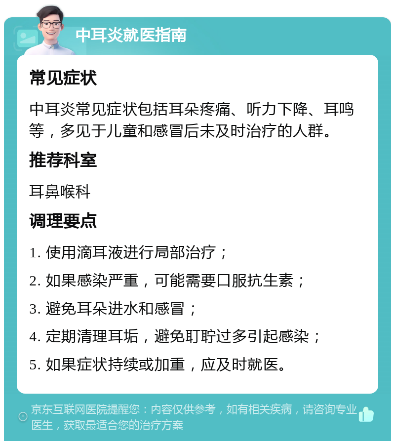 中耳炎就医指南 常见症状 中耳炎常见症状包括耳朵疼痛、听力下降、耳鸣等，多见于儿童和感冒后未及时治疗的人群。 推荐科室 耳鼻喉科 调理要点 1. 使用滴耳液进行局部治疗； 2. 如果感染严重，可能需要口服抗生素； 3. 避免耳朵进水和感冒； 4. 定期清理耳垢，避免耵聍过多引起感染； 5. 如果症状持续或加重，应及时就医。