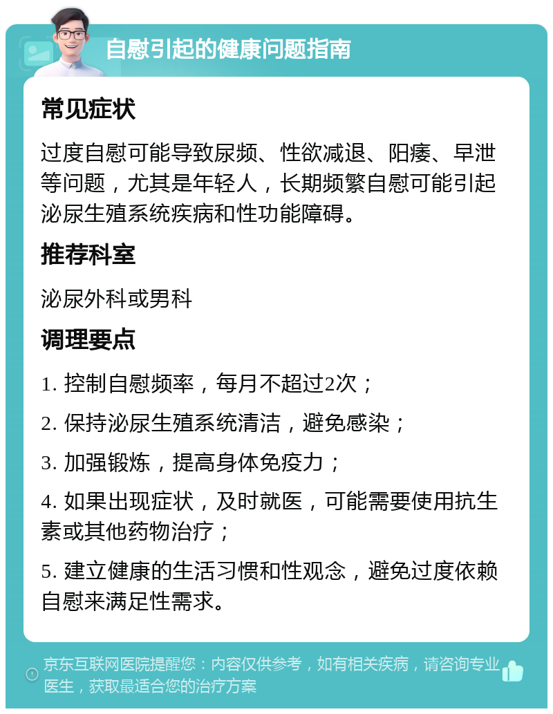 自慰引起的健康问题指南 常见症状 过度自慰可能导致尿频、性欲减退、阳痿、早泄等问题，尤其是年轻人，长期频繁自慰可能引起泌尿生殖系统疾病和性功能障碍。 推荐科室 泌尿外科或男科 调理要点 1. 控制自慰频率，每月不超过2次； 2. 保持泌尿生殖系统清洁，避免感染； 3. 加强锻炼，提高身体免疫力； 4. 如果出现症状，及时就医，可能需要使用抗生素或其他药物治疗； 5. 建立健康的生活习惯和性观念，避免过度依赖自慰来满足性需求。