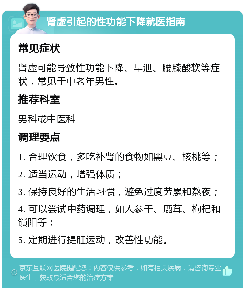 肾虚引起的性功能下降就医指南 常见症状 肾虚可能导致性功能下降、早泄、腰膝酸软等症状，常见于中老年男性。 推荐科室 男科或中医科 调理要点 1. 合理饮食，多吃补肾的食物如黑豆、核桃等； 2. 适当运动，增强体质； 3. 保持良好的生活习惯，避免过度劳累和熬夜； 4. 可以尝试中药调理，如人参干、鹿茸、枸杞和锁阳等； 5. 定期进行提肛运动，改善性功能。