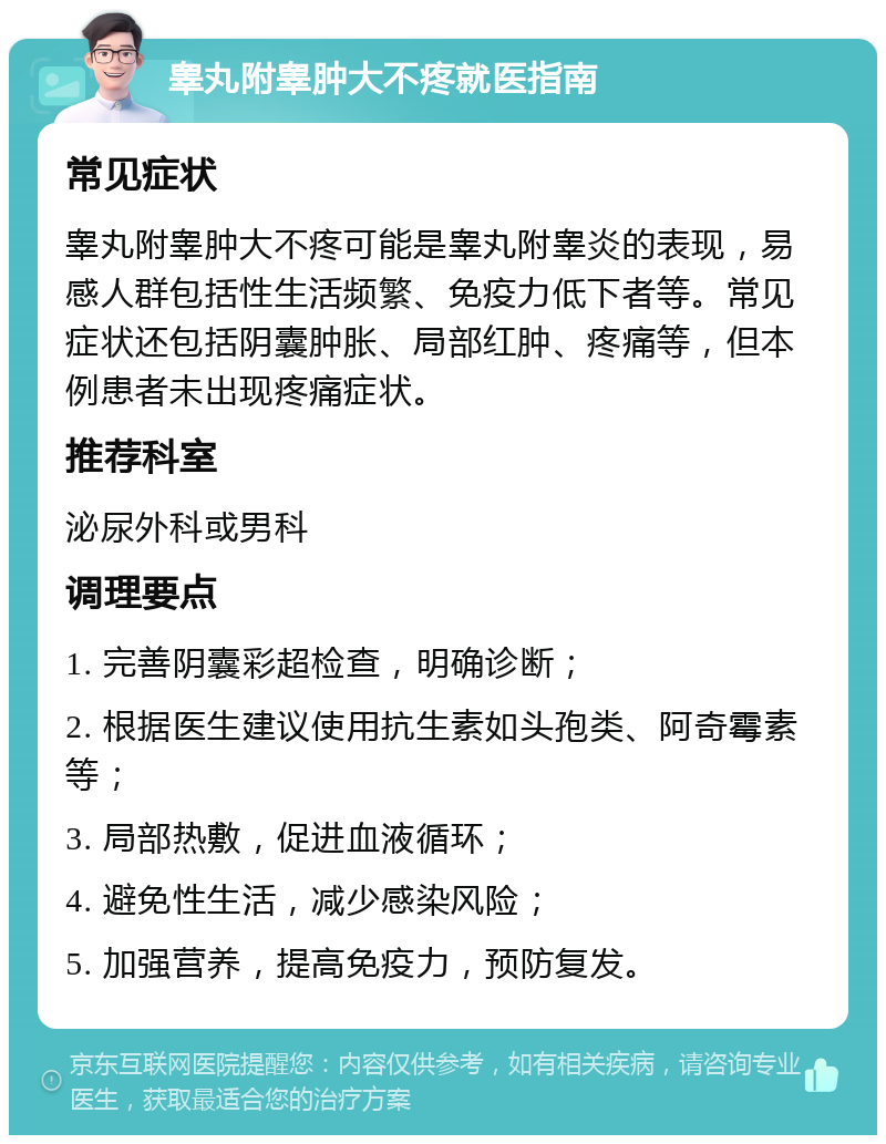 睾丸附睾肿大不疼就医指南 常见症状 睾丸附睾肿大不疼可能是睾丸附睾炎的表现，易感人群包括性生活频繁、免疫力低下者等。常见症状还包括阴囊肿胀、局部红肿、疼痛等，但本例患者未出现疼痛症状。 推荐科室 泌尿外科或男科 调理要点 1. 完善阴囊彩超检查，明确诊断； 2. 根据医生建议使用抗生素如头孢类、阿奇霉素等； 3. 局部热敷，促进血液循环； 4. 避免性生活，减少感染风险； 5. 加强营养，提高免疫力，预防复发。