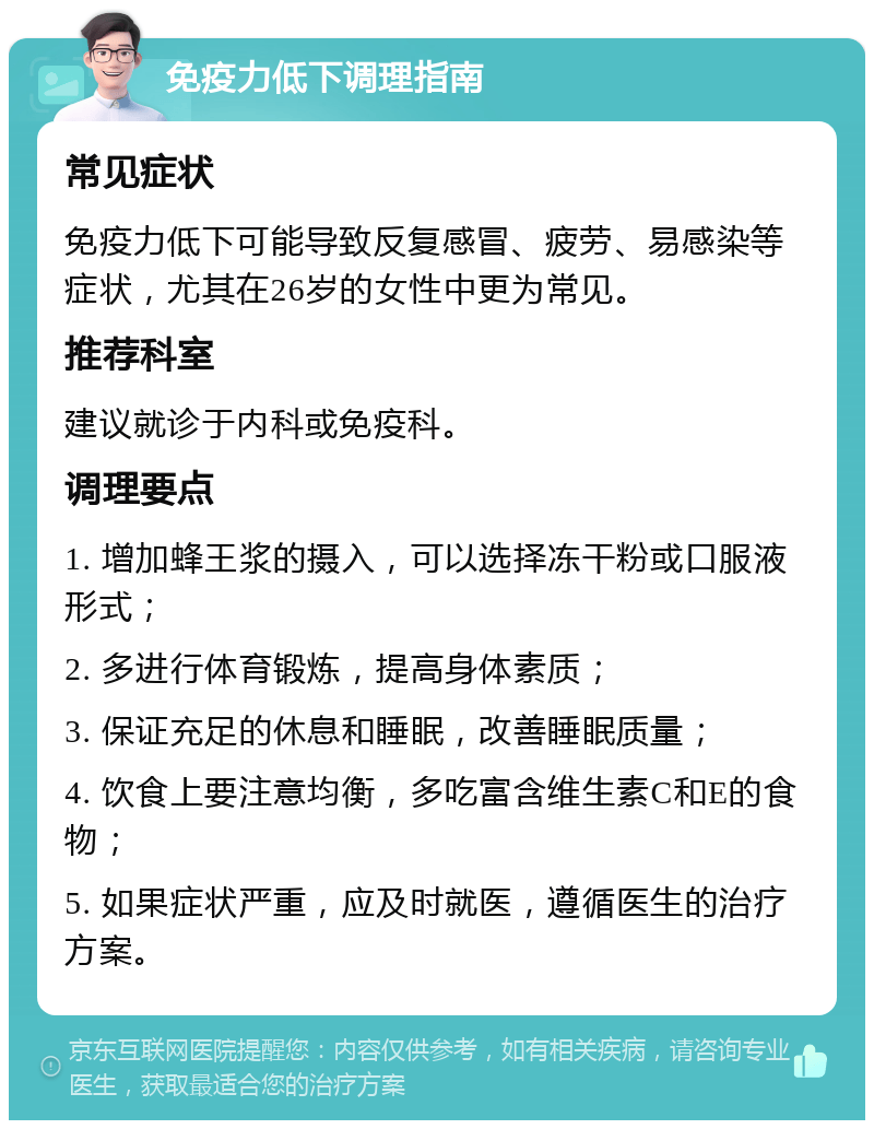 免疫力低下调理指南 常见症状 免疫力低下可能导致反复感冒、疲劳、易感染等症状，尤其在26岁的女性中更为常见。 推荐科室 建议就诊于内科或免疫科。 调理要点 1. 增加蜂王浆的摄入，可以选择冻干粉或口服液形式； 2. 多进行体育锻炼，提高身体素质； 3. 保证充足的休息和睡眠，改善睡眠质量； 4. 饮食上要注意均衡，多吃富含维生素C和E的食物； 5. 如果症状严重，应及时就医，遵循医生的治疗方案。