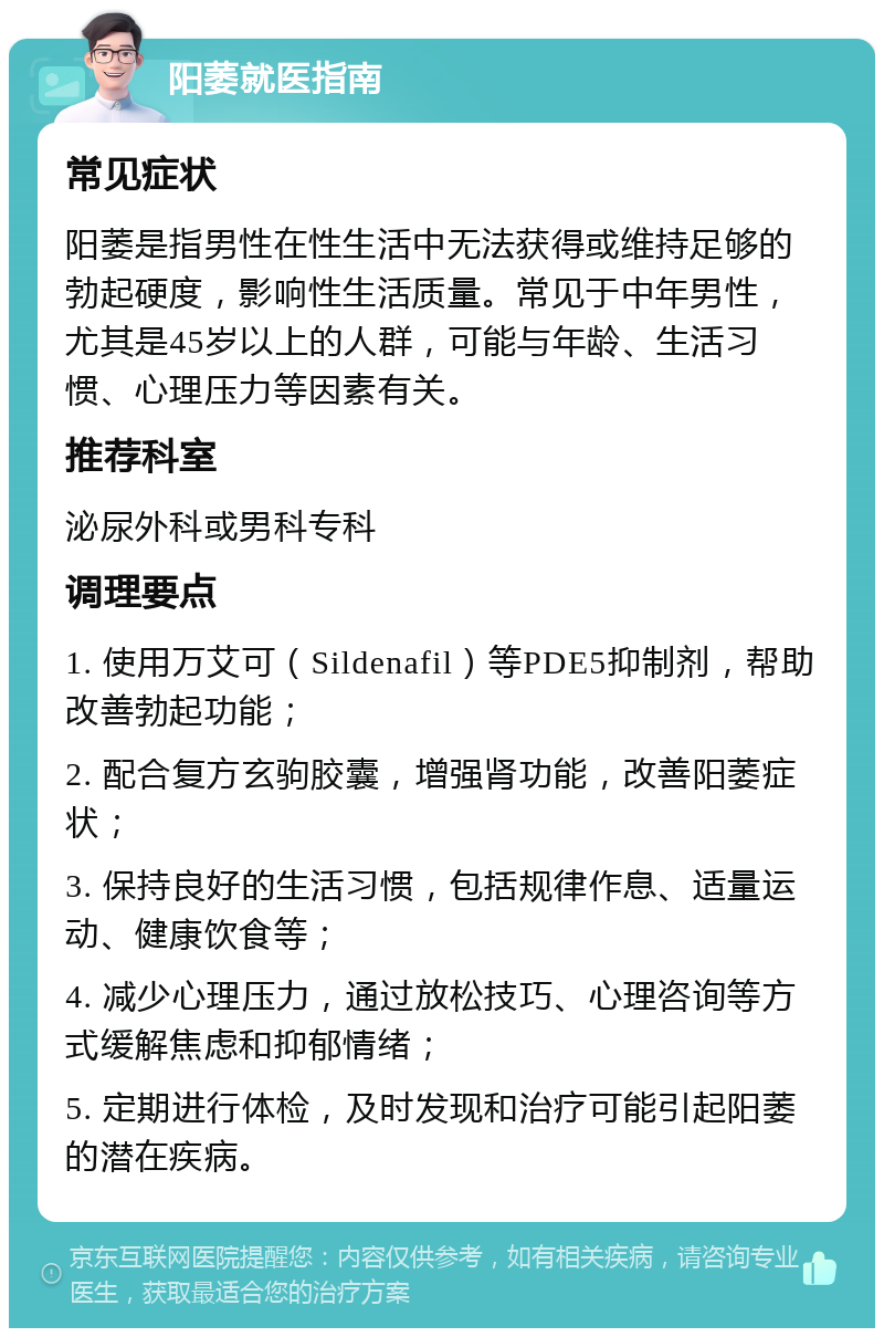 阳萎就医指南 常见症状 阳萎是指男性在性生活中无法获得或维持足够的勃起硬度，影响性生活质量。常见于中年男性，尤其是45岁以上的人群，可能与年龄、生活习惯、心理压力等因素有关。 推荐科室 泌尿外科或男科专科 调理要点 1. 使用万艾可（Sildenafil）等PDE5抑制剂，帮助改善勃起功能； 2. 配合复方玄驹胶囊，增强肾功能，改善阳萎症状； 3. 保持良好的生活习惯，包括规律作息、适量运动、健康饮食等； 4. 减少心理压力，通过放松技巧、心理咨询等方式缓解焦虑和抑郁情绪； 5. 定期进行体检，及时发现和治疗可能引起阳萎的潜在疾病。