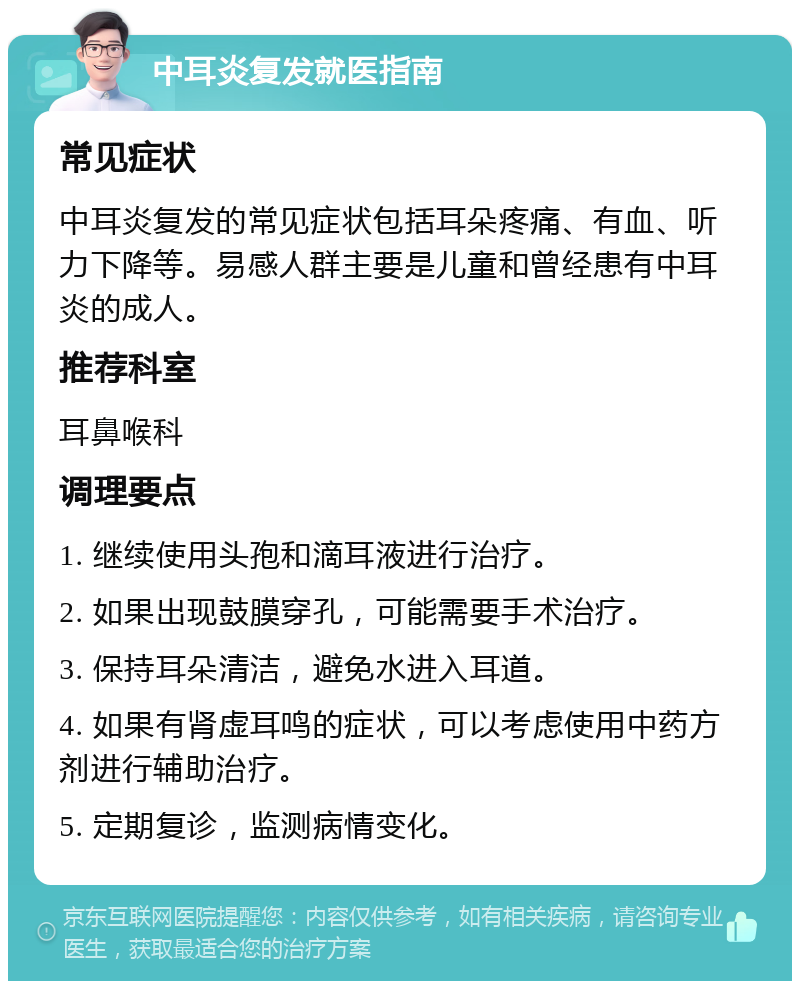 中耳炎复发就医指南 常见症状 中耳炎复发的常见症状包括耳朵疼痛、有血、听力下降等。易感人群主要是儿童和曾经患有中耳炎的成人。 推荐科室 耳鼻喉科 调理要点 1. 继续使用头孢和滴耳液进行治疗。 2. 如果出现鼓膜穿孔，可能需要手术治疗。 3. 保持耳朵清洁，避免水进入耳道。 4. 如果有肾虚耳鸣的症状，可以考虑使用中药方剂进行辅助治疗。 5. 定期复诊，监测病情变化。