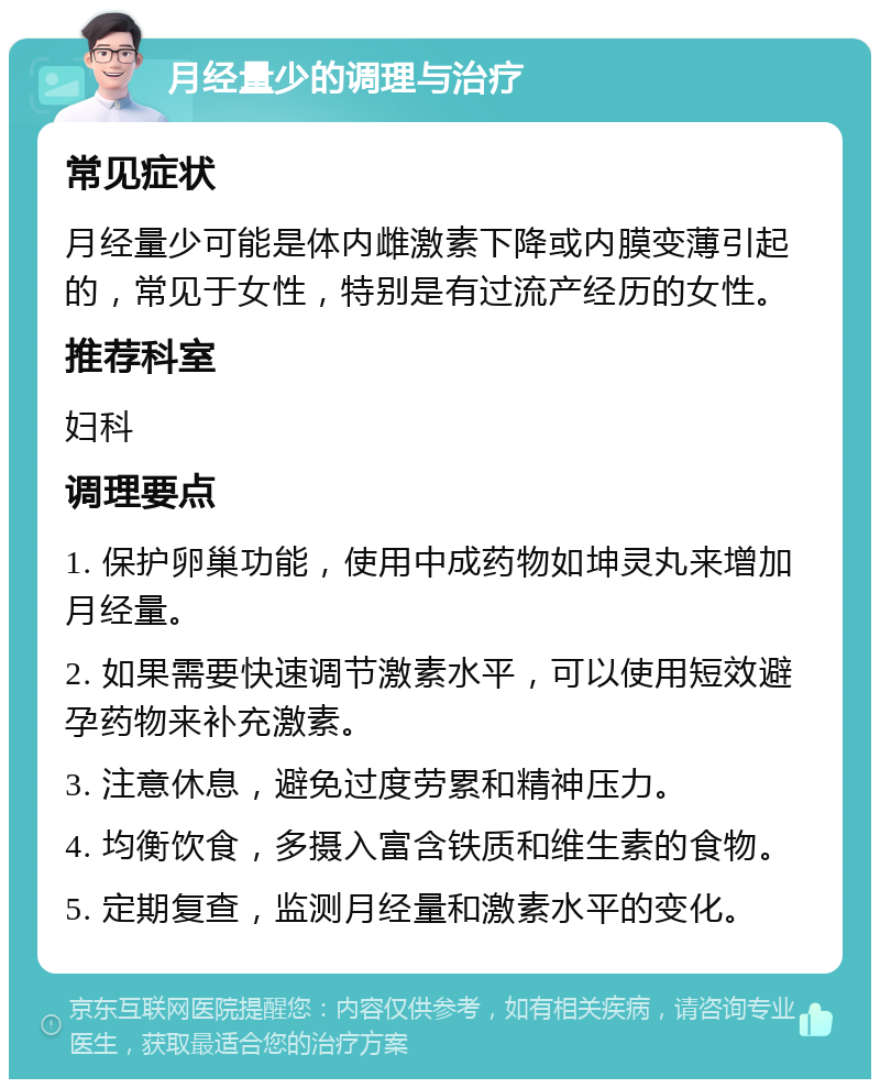 月经量少的调理与治疗 常见症状 月经量少可能是体内雌激素下降或内膜变薄引起的，常见于女性，特别是有过流产经历的女性。 推荐科室 妇科 调理要点 1. 保护卵巢功能，使用中成药物如坤灵丸来增加月经量。 2. 如果需要快速调节激素水平，可以使用短效避孕药物来补充激素。 3. 注意休息，避免过度劳累和精神压力。 4. 均衡饮食，多摄入富含铁质和维生素的食物。 5. 定期复查，监测月经量和激素水平的变化。