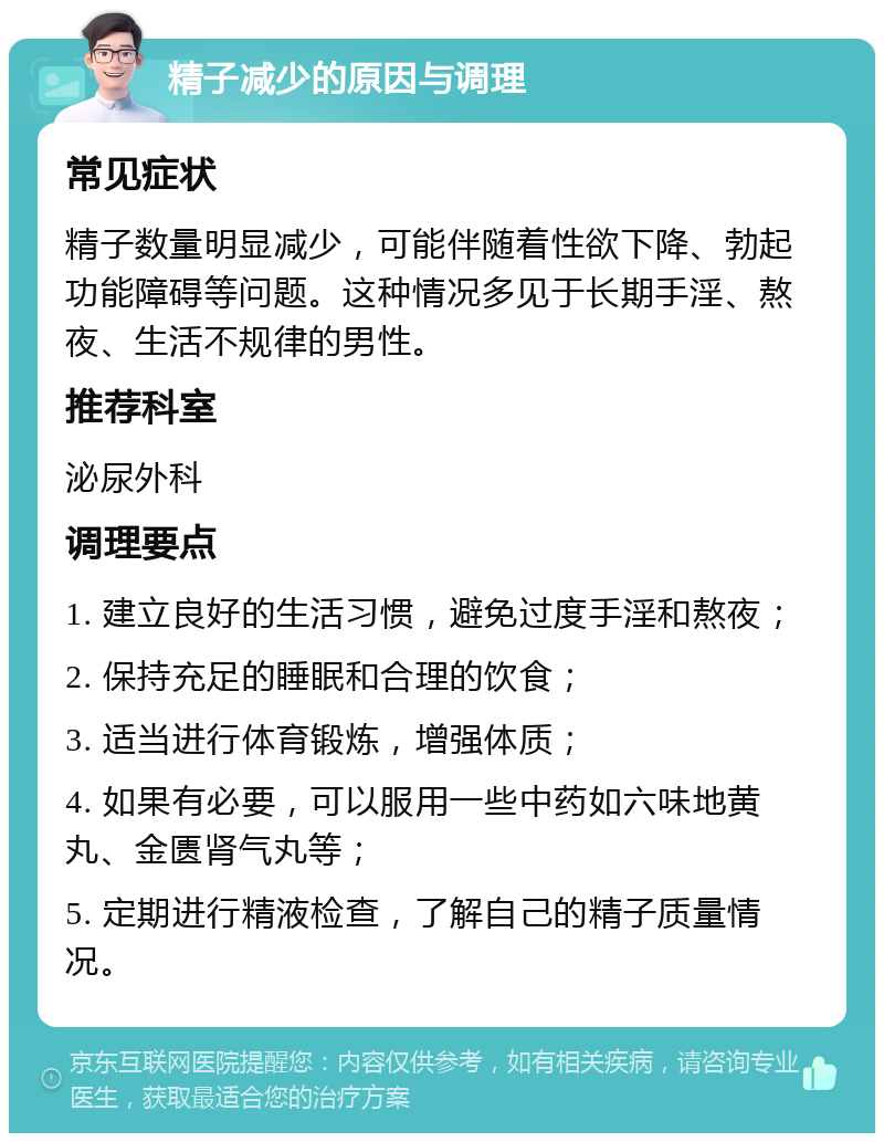 精子减少的原因与调理 常见症状 精子数量明显减少，可能伴随着性欲下降、勃起功能障碍等问题。这种情况多见于长期手淫、熬夜、生活不规律的男性。 推荐科室 泌尿外科 调理要点 1. 建立良好的生活习惯，避免过度手淫和熬夜； 2. 保持充足的睡眠和合理的饮食； 3. 适当进行体育锻炼，增强体质； 4. 如果有必要，可以服用一些中药如六味地黄丸、金匮肾气丸等； 5. 定期进行精液检查，了解自己的精子质量情况。