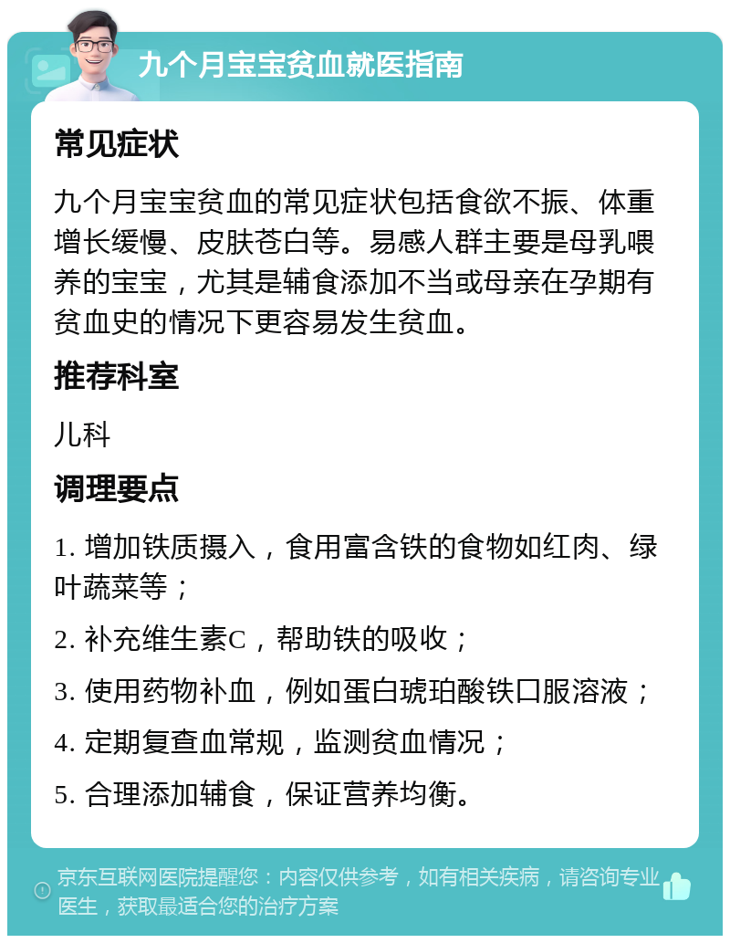 九个月宝宝贫血就医指南 常见症状 九个月宝宝贫血的常见症状包括食欲不振、体重增长缓慢、皮肤苍白等。易感人群主要是母乳喂养的宝宝，尤其是辅食添加不当或母亲在孕期有贫血史的情况下更容易发生贫血。 推荐科室 儿科 调理要点 1. 增加铁质摄入，食用富含铁的食物如红肉、绿叶蔬菜等； 2. 补充维生素C，帮助铁的吸收； 3. 使用药物补血，例如蛋白琥珀酸铁口服溶液； 4. 定期复查血常规，监测贫血情况； 5. 合理添加辅食，保证营养均衡。