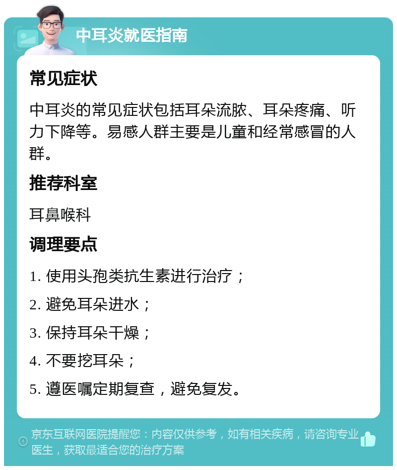 中耳炎就医指南 常见症状 中耳炎的常见症状包括耳朵流脓、耳朵疼痛、听力下降等。易感人群主要是儿童和经常感冒的人群。 推荐科室 耳鼻喉科 调理要点 1. 使用头孢类抗生素进行治疗； 2. 避免耳朵进水； 3. 保持耳朵干燥； 4. 不要挖耳朵； 5. 遵医嘱定期复查，避免复发。