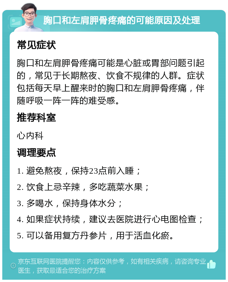 胸口和左肩胛骨疼痛的可能原因及处理 常见症状 胸口和左肩胛骨疼痛可能是心脏或胃部问题引起的，常见于长期熬夜、饮食不规律的人群。症状包括每天早上醒来时的胸口和左肩胛骨疼痛，伴随呼吸一阵一阵的难受感。 推荐科室 心内科 调理要点 1. 避免熬夜，保持23点前入睡； 2. 饮食上忌辛辣，多吃蔬菜水果； 3. 多喝水，保持身体水分； 4. 如果症状持续，建议去医院进行心电图检查； 5. 可以备用复方丹参片，用于活血化瘀。