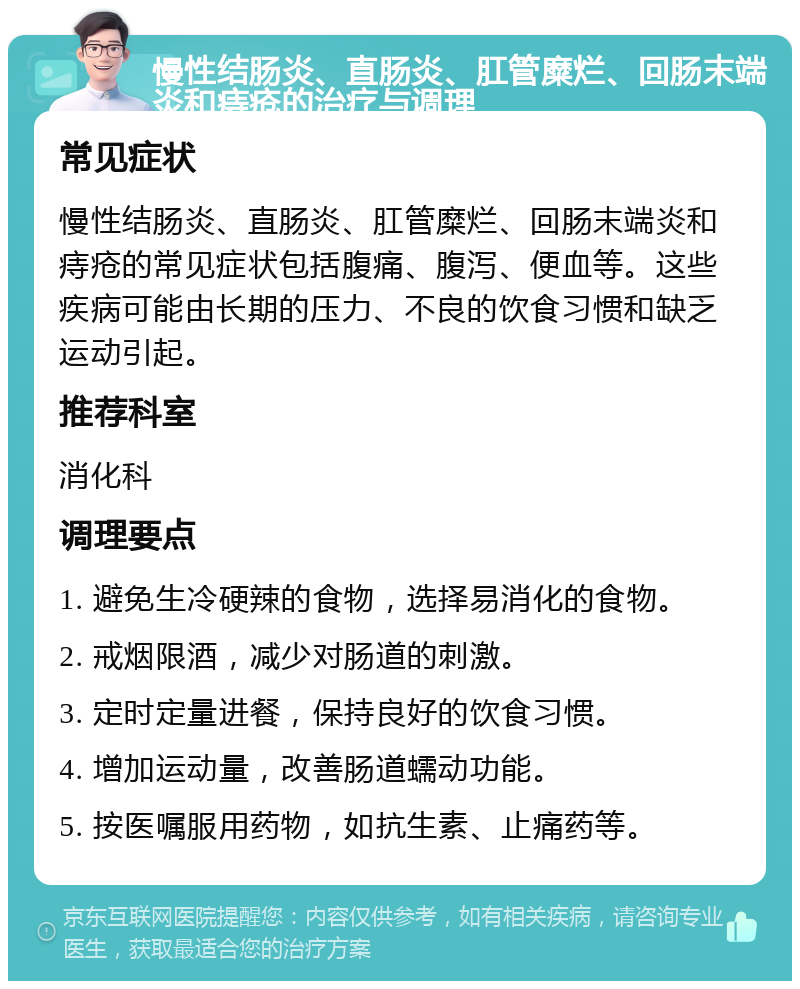 慢性结肠炎、直肠炎、肛管糜烂、回肠末端炎和痔疮的治疗与调理 常见症状 慢性结肠炎、直肠炎、肛管糜烂、回肠末端炎和痔疮的常见症状包括腹痛、腹泻、便血等。这些疾病可能由长期的压力、不良的饮食习惯和缺乏运动引起。 推荐科室 消化科 调理要点 1. 避免生冷硬辣的食物，选择易消化的食物。 2. 戒烟限酒，减少对肠道的刺激。 3. 定时定量进餐，保持良好的饮食习惯。 4. 增加运动量，改善肠道蠕动功能。 5. 按医嘱服用药物，如抗生素、止痛药等。