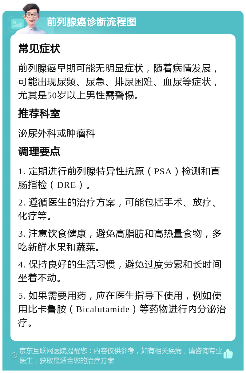 前列腺癌诊断流程图 常见症状 前列腺癌早期可能无明显症状，随着病情发展，可能出现尿频、尿急、排尿困难、血尿等症状，尤其是50岁以上男性需警惕。 推荐科室 泌尿外科或肿瘤科 调理要点 1. 定期进行前列腺特异性抗原（PSA）检测和直肠指检（DRE）。 2. 遵循医生的治疗方案，可能包括手术、放疗、化疗等。 3. 注意饮食健康，避免高脂肪和高热量食物，多吃新鲜水果和蔬菜。 4. 保持良好的生活习惯，避免过度劳累和长时间坐着不动。 5. 如果需要用药，应在医生指导下使用，例如使用比卡鲁胺（Bicalutamide）等药物进行内分泌治疗。