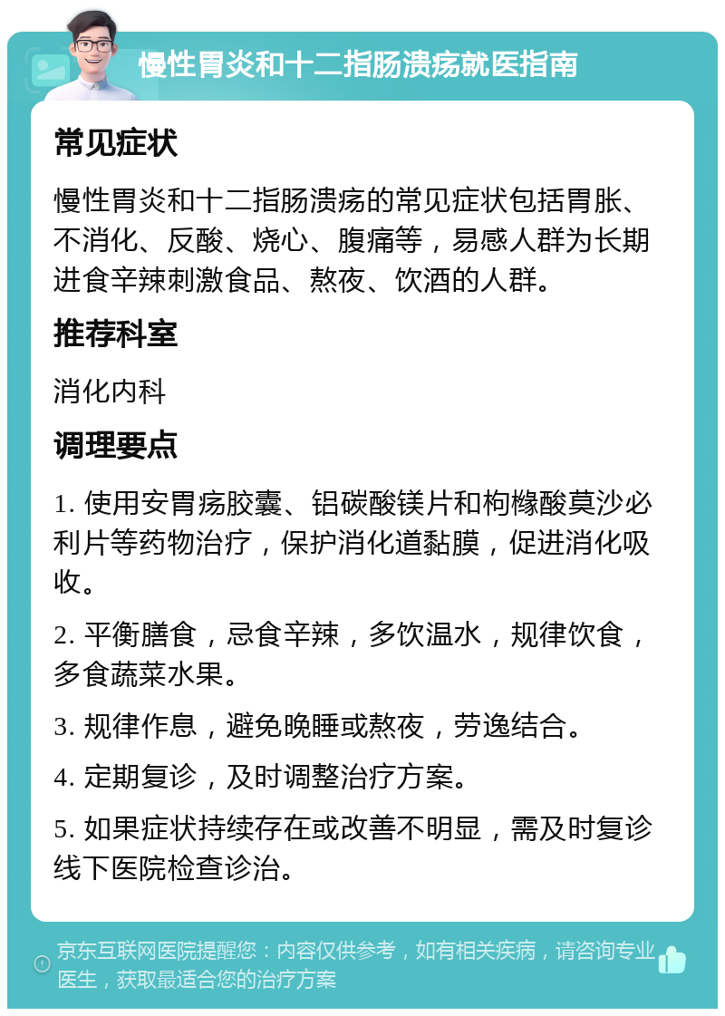 慢性胃炎和十二指肠溃疡就医指南 常见症状 慢性胃炎和十二指肠溃疡的常见症状包括胃胀、不消化、反酸、烧心、腹痛等，易感人群为长期进食辛辣刺激食品、熬夜、饮酒的人群。 推荐科室 消化内科 调理要点 1. 使用安胃疡胶囊、铝碳酸镁片和枸橼酸莫沙必利片等药物治疗，保护消化道黏膜，促进消化吸收。 2. 平衡膳食，忌食辛辣，多饮温水，规律饮食，多食蔬菜水果。 3. 规律作息，避免晚睡或熬夜，劳逸结合。 4. 定期复诊，及时调整治疗方案。 5. 如果症状持续存在或改善不明显，需及时复诊线下医院检查诊治。