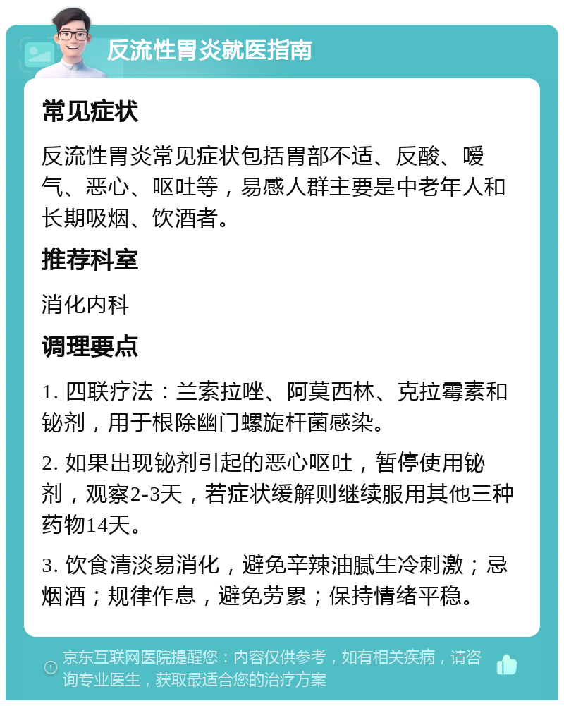 反流性胃炎就医指南 常见症状 反流性胃炎常见症状包括胃部不适、反酸、嗳气、恶心、呕吐等，易感人群主要是中老年人和长期吸烟、饮酒者。 推荐科室 消化内科 调理要点 1. 四联疗法：兰索拉唑、阿莫西林、克拉霉素和铋剂，用于根除幽门螺旋杆菌感染。 2. 如果出现铋剂引起的恶心呕吐，暂停使用铋剂，观察2-3天，若症状缓解则继续服用其他三种药物14天。 3. 饮食清淡易消化，避免辛辣油腻生冷刺激；忌烟酒；规律作息，避免劳累；保持情绪平稳。