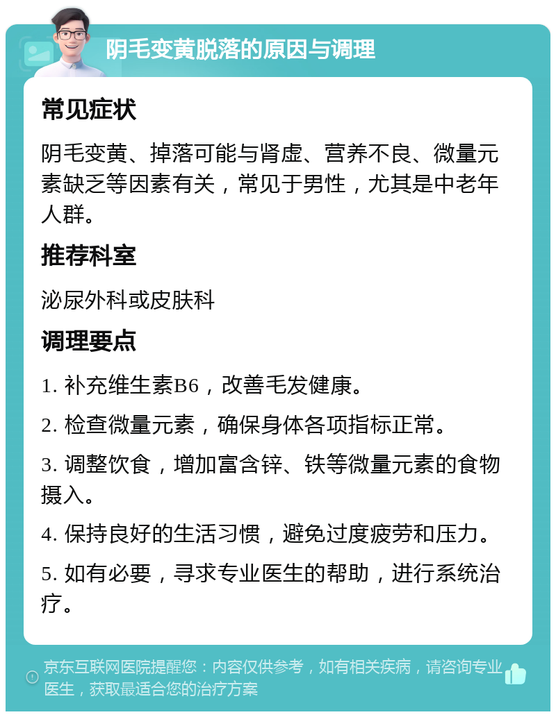 阴毛变黄脱落的原因与调理 常见症状 阴毛变黄、掉落可能与肾虚、营养不良、微量元素缺乏等因素有关，常见于男性，尤其是中老年人群。 推荐科室 泌尿外科或皮肤科 调理要点 1. 补充维生素B6，改善毛发健康。 2. 检查微量元素，确保身体各项指标正常。 3. 调整饮食，增加富含锌、铁等微量元素的食物摄入。 4. 保持良好的生活习惯，避免过度疲劳和压力。 5. 如有必要，寻求专业医生的帮助，进行系统治疗。