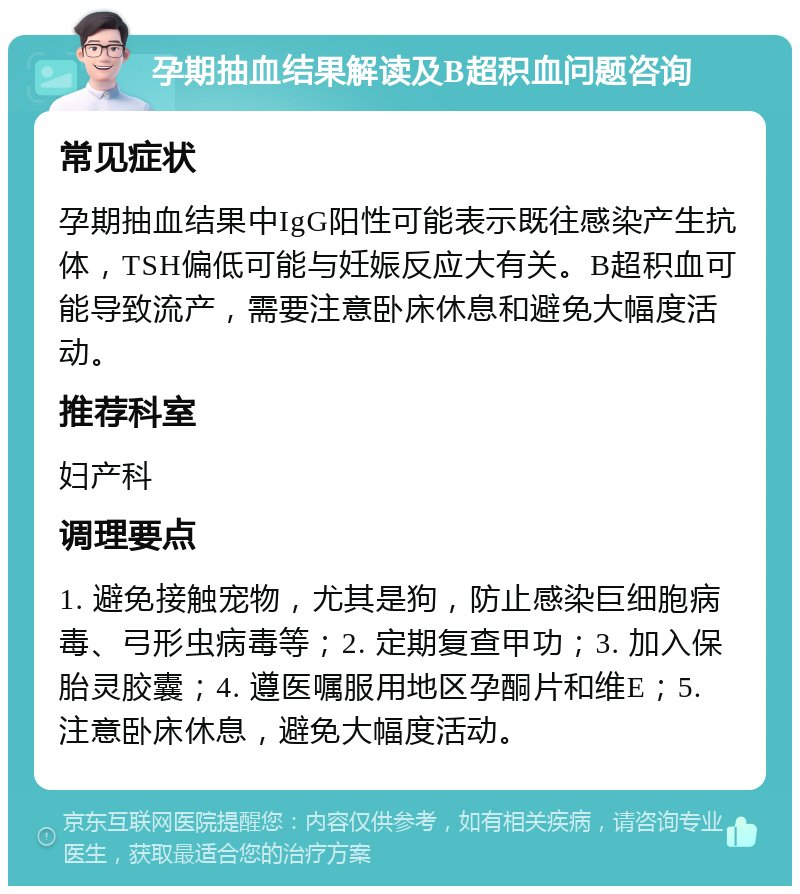 孕期抽血结果解读及B超积血问题咨询 常见症状 孕期抽血结果中IgG阳性可能表示既往感染产生抗体，TSH偏低可能与妊娠反应大有关。B超积血可能导致流产，需要注意卧床休息和避免大幅度活动。 推荐科室 妇产科 调理要点 1. 避免接触宠物，尤其是狗，防止感染巨细胞病毒、弓形虫病毒等；2. 定期复查甲功；3. 加入保胎灵胶囊；4. 遵医嘱服用地区孕酮片和维E；5. 注意卧床休息，避免大幅度活动。