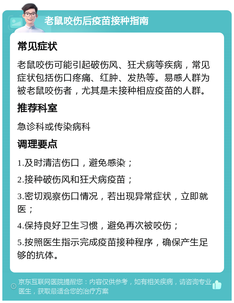 老鼠咬伤后疫苗接种指南 常见症状 老鼠咬伤可能引起破伤风、狂犬病等疾病，常见症状包括伤口疼痛、红肿、发热等。易感人群为被老鼠咬伤者，尤其是未接种相应疫苗的人群。 推荐科室 急诊科或传染病科 调理要点 1.及时清洁伤口，避免感染； 2.接种破伤风和狂犬病疫苗； 3.密切观察伤口情况，若出现异常症状，立即就医； 4.保持良好卫生习惯，避免再次被咬伤； 5.按照医生指示完成疫苗接种程序，确保产生足够的抗体。