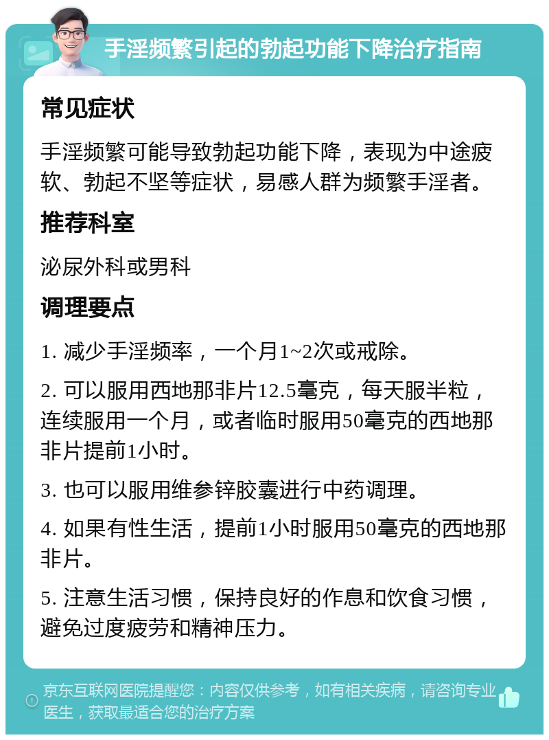 手淫频繁引起的勃起功能下降治疗指南 常见症状 手淫频繁可能导致勃起功能下降，表现为中途疲软、勃起不坚等症状，易感人群为频繁手淫者。 推荐科室 泌尿外科或男科 调理要点 1. 减少手淫频率，一个月1~2次或戒除。 2. 可以服用西地那非片12.5毫克，每天服半粒，连续服用一个月，或者临时服用50毫克的西地那非片提前1小时。 3. 也可以服用维参锌胶囊进行中药调理。 4. 如果有性生活，提前1小时服用50毫克的西地那非片。 5. 注意生活习惯，保持良好的作息和饮食习惯，避免过度疲劳和精神压力。