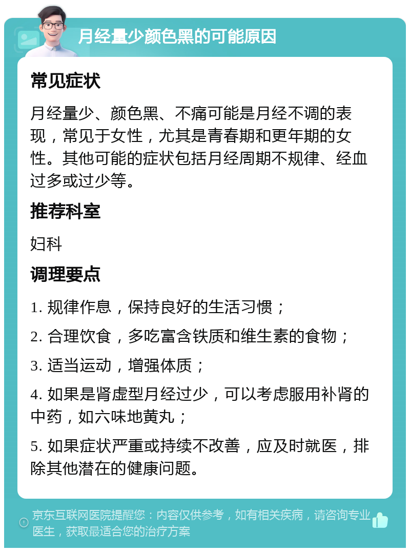 月经量少颜色黑的可能原因 常见症状 月经量少、颜色黑、不痛可能是月经不调的表现，常见于女性，尤其是青春期和更年期的女性。其他可能的症状包括月经周期不规律、经血过多或过少等。 推荐科室 妇科 调理要点 1. 规律作息，保持良好的生活习惯； 2. 合理饮食，多吃富含铁质和维生素的食物； 3. 适当运动，增强体质； 4. 如果是肾虚型月经过少，可以考虑服用补肾的中药，如六味地黄丸； 5. 如果症状严重或持续不改善，应及时就医，排除其他潜在的健康问题。