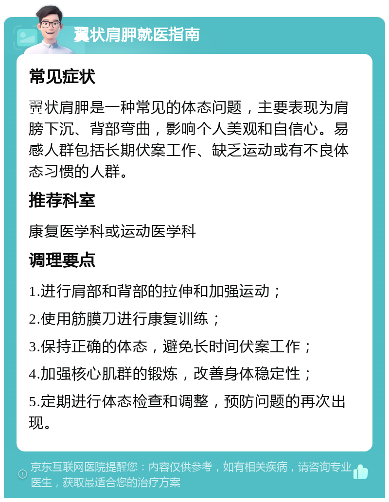 翼状肩胛就医指南 常见症状 翼状肩胛是一种常见的体态问题，主要表现为肩膀下沉、背部弯曲，影响个人美观和自信心。易感人群包括长期伏案工作、缺乏运动或有不良体态习惯的人群。 推荐科室 康复医学科或运动医学科 调理要点 1.进行肩部和背部的拉伸和加强运动； 2.使用筋膜刀进行康复训练； 3.保持正确的体态，避免长时间伏案工作； 4.加强核心肌群的锻炼，改善身体稳定性； 5.定期进行体态检查和调整，预防问题的再次出现。