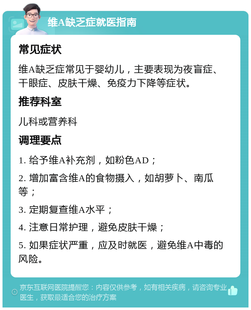 维A缺乏症就医指南 常见症状 维A缺乏症常见于婴幼儿，主要表现为夜盲症、干眼症、皮肤干燥、免疫力下降等症状。 推荐科室 儿科或营养科 调理要点 1. 给予维A补充剂，如粉色AD； 2. 增加富含维A的食物摄入，如胡萝卜、南瓜等； 3. 定期复查维A水平； 4. 注意日常护理，避免皮肤干燥； 5. 如果症状严重，应及时就医，避免维A中毒的风险。