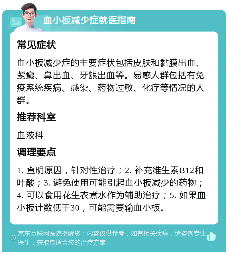 血小板减少症就医指南 常见症状 血小板减少症的主要症状包括皮肤和黏膜出血、紫癜、鼻出血、牙龈出血等。易感人群包括有免疫系统疾病、感染、药物过敏、化疗等情况的人群。 推荐科室 血液科 调理要点 1. 查明原因，针对性治疗；2. 补充维生素B12和叶酸；3. 避免使用可能引起血小板减少的药物；4. 可以食用花生衣煮水作为辅助治疗；5. 如果血小板计数低于30，可能需要输血小板。