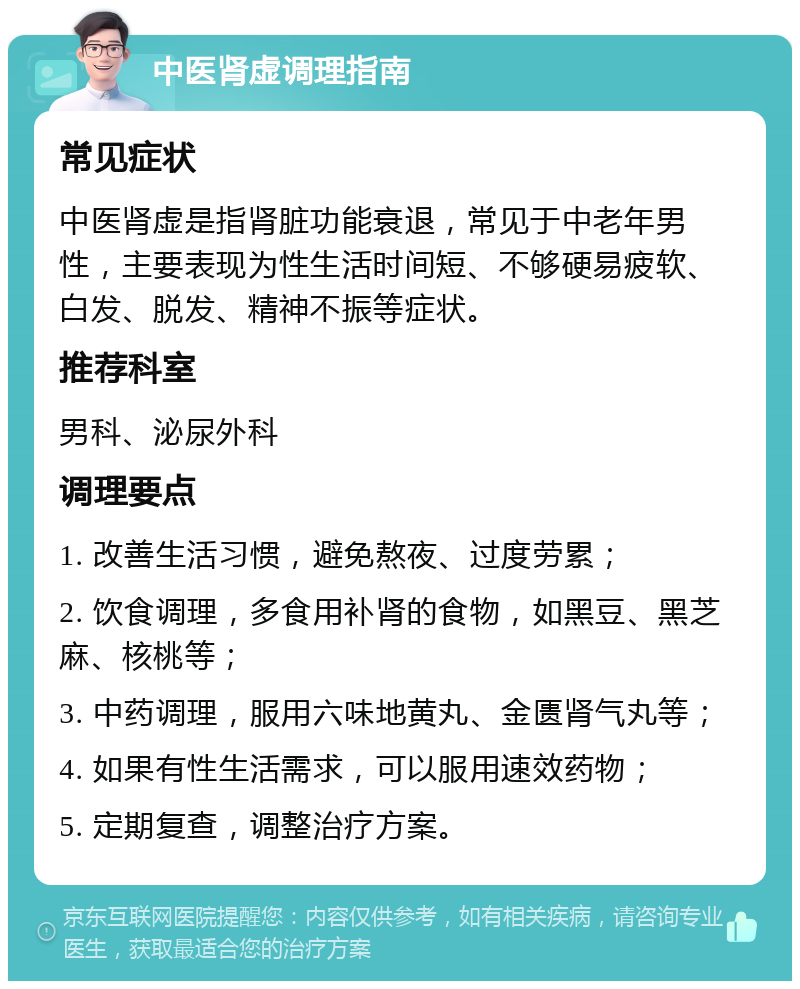 中医肾虚调理指南 常见症状 中医肾虚是指肾脏功能衰退，常见于中老年男性，主要表现为性生活时间短、不够硬易疲软、白发、脱发、精神不振等症状。 推荐科室 男科、泌尿外科 调理要点 1. 改善生活习惯，避免熬夜、过度劳累； 2. 饮食调理，多食用补肾的食物，如黑豆、黑芝麻、核桃等； 3. 中药调理，服用六味地黄丸、金匮肾气丸等； 4. 如果有性生活需求，可以服用速效药物； 5. 定期复查，调整治疗方案。