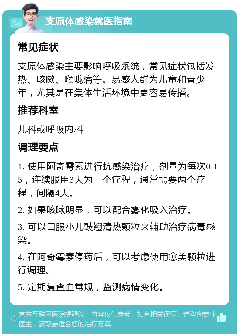 支原体感染就医指南 常见症状 支原体感染主要影响呼吸系统，常见症状包括发热、咳嗽、喉咙痛等。易感人群为儿童和青少年，尤其是在集体生活环境中更容易传播。 推荐科室 儿科或呼吸内科 调理要点 1. 使用阿奇霉素进行抗感染治疗，剂量为每次0.15，连续服用3天为一个疗程，通常需要两个疗程，间隔4天。 2. 如果咳嗽明显，可以配合雾化吸入治疗。 3. 可以口服小儿豉翘清热颗粒来辅助治疗病毒感染。 4. 在阿奇霉素停药后，可以考虑使用愈美颗粒进行调理。 5. 定期复查血常规，监测病情变化。