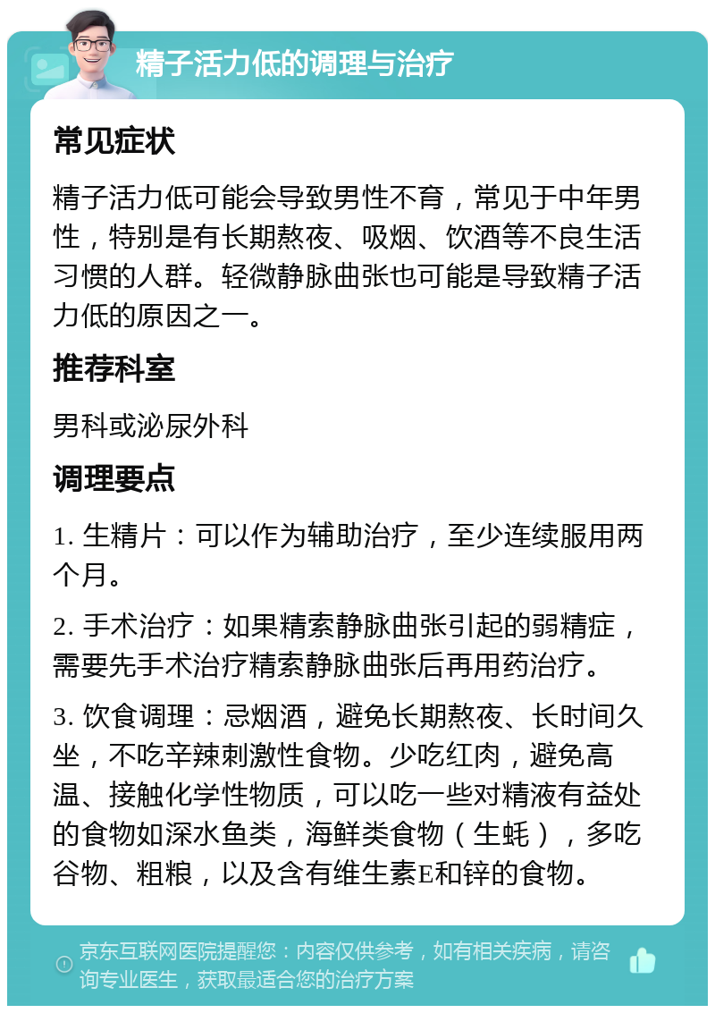 精子活力低的调理与治疗 常见症状 精子活力低可能会导致男性不育，常见于中年男性，特别是有长期熬夜、吸烟、饮酒等不良生活习惯的人群。轻微静脉曲张也可能是导致精子活力低的原因之一。 推荐科室 男科或泌尿外科 调理要点 1. 生精片：可以作为辅助治疗，至少连续服用两个月。 2. 手术治疗：如果精索静脉曲张引起的弱精症，需要先手术治疗精索静脉曲张后再用药治疗。 3. 饮食调理：忌烟酒，避免长期熬夜、长时间久坐，不吃辛辣刺激性食物。少吃红肉，避免高温、接触化学性物质，可以吃一些对精液有益处的食物如深水鱼类，海鲜类食物（生蚝），多吃谷物、粗粮，以及含有维生素E和锌的食物。