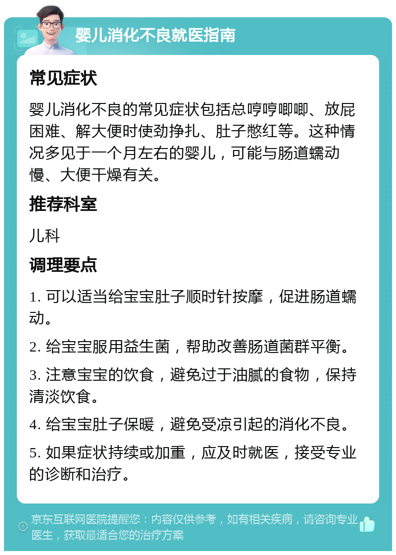 婴儿消化不良就医指南 常见症状 婴儿消化不良的常见症状包括总哼哼唧唧、放屁困难、解大便时使劲挣扎、肚子憋红等。这种情况多见于一个月左右的婴儿，可能与肠道蠕动慢、大便干燥有关。 推荐科室 儿科 调理要点 1. 可以适当给宝宝肚子顺时针按摩，促进肠道蠕动。 2. 给宝宝服用益生菌，帮助改善肠道菌群平衡。 3. 注意宝宝的饮食，避免过于油腻的食物，保持清淡饮食。 4. 给宝宝肚子保暖，避免受凉引起的消化不良。 5. 如果症状持续或加重，应及时就医，接受专业的诊断和治疗。