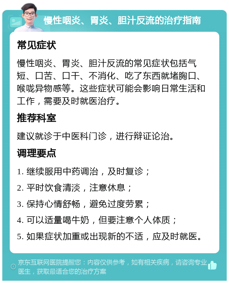 慢性咽炎、胃炎、胆汁反流的治疗指南 常见症状 慢性咽炎、胃炎、胆汁反流的常见症状包括气短、口苦、口干、不消化、吃了东西就堵胸口、喉咙异物感等。这些症状可能会影响日常生活和工作，需要及时就医治疗。 推荐科室 建议就诊于中医科门诊，进行辩证论治。 调理要点 1. 继续服用中药调治，及时复诊； 2. 平时饮食清淡，注意休息； 3. 保持心情舒畅，避免过度劳累； 4. 可以适量喝牛奶，但要注意个人体质； 5. 如果症状加重或出现新的不适，应及时就医。