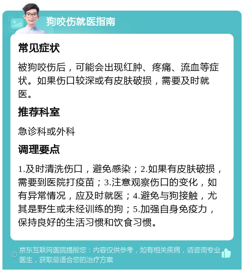 狗咬伤就医指南 常见症状 被狗咬伤后，可能会出现红肿、疼痛、流血等症状。如果伤口较深或有皮肤破损，需要及时就医。 推荐科室 急诊科或外科 调理要点 1.及时清洗伤口，避免感染；2.如果有皮肤破损，需要到医院打疫苗；3.注意观察伤口的变化，如有异常情况，应及时就医；4.避免与狗接触，尤其是野生或未经训练的狗；5.加强自身免疫力，保持良好的生活习惯和饮食习惯。