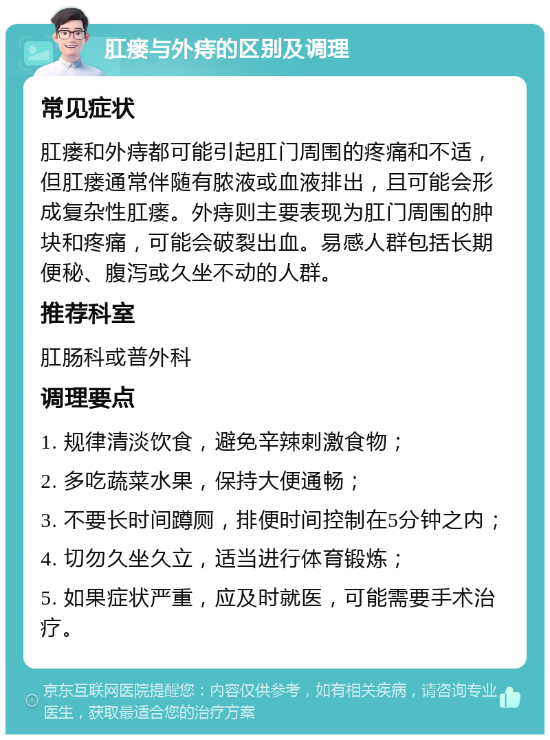 肛瘘与外痔的区别及调理 常见症状 肛瘘和外痔都可能引起肛门周围的疼痛和不适，但肛瘘通常伴随有脓液或血液排出，且可能会形成复杂性肛瘘。外痔则主要表现为肛门周围的肿块和疼痛，可能会破裂出血。易感人群包括长期便秘、腹泻或久坐不动的人群。 推荐科室 肛肠科或普外科 调理要点 1. 规律清淡饮食，避免辛辣刺激食物； 2. 多吃蔬菜水果，保持大便通畅； 3. 不要长时间蹲厕，排便时间控制在5分钟之内； 4. 切勿久坐久立，适当进行体育锻炼； 5. 如果症状严重，应及时就医，可能需要手术治疗。