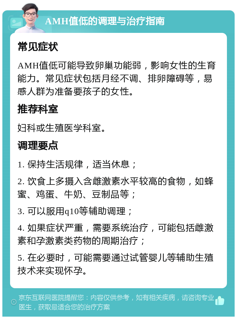 AMH值低的调理与治疗指南 常见症状 AMH值低可能导致卵巢功能弱，影响女性的生育能力。常见症状包括月经不调、排卵障碍等，易感人群为准备要孩子的女性。 推荐科室 妇科或生殖医学科室。 调理要点 1. 保持生活规律，适当休息； 2. 饮食上多摄入含雌激素水平较高的食物，如蜂蜜、鸡蛋、牛奶、豆制品等； 3. 可以服用q10等辅助调理； 4. 如果症状严重，需要系统治疗，可能包括雌激素和孕激素类药物的周期治疗； 5. 在必要时，可能需要通过试管婴儿等辅助生殖技术来实现怀孕。