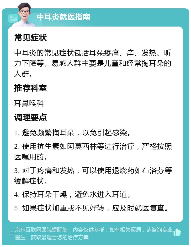 中耳炎就医指南 常见症状 中耳炎的常见症状包括耳朵疼痛、痒、发热、听力下降等。易感人群主要是儿童和经常掏耳朵的人群。 推荐科室 耳鼻喉科 调理要点 1. 避免频繁掏耳朵，以免引起感染。 2. 使用抗生素如阿莫西林等进行治疗，严格按照医嘱用药。 3. 对于疼痛和发热，可以使用退烧药如布洛芬等缓解症状。 4. 保持耳朵干燥，避免水进入耳道。 5. 如果症状加重或不见好转，应及时就医复查。