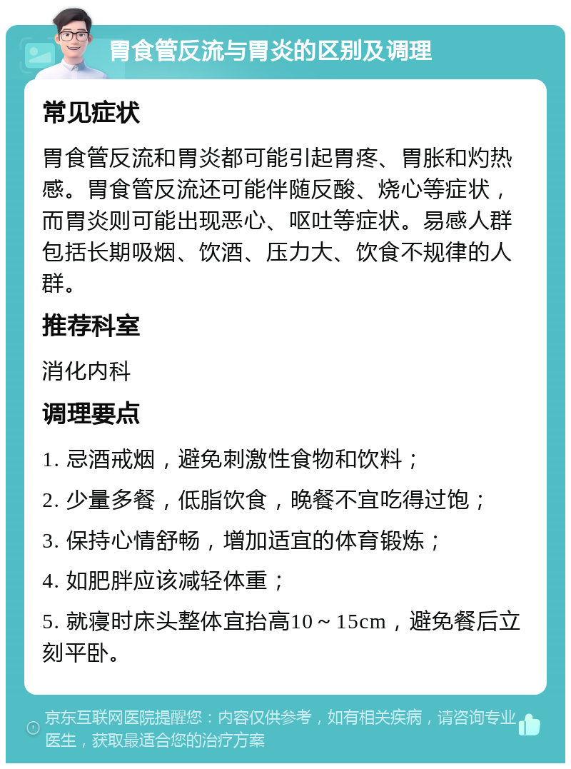 胃食管反流与胃炎的区别及调理 常见症状 胃食管反流和胃炎都可能引起胃疼、胃胀和灼热感。胃食管反流还可能伴随反酸、烧心等症状，而胃炎则可能出现恶心、呕吐等症状。易感人群包括长期吸烟、饮酒、压力大、饮食不规律的人群。 推荐科室 消化内科 调理要点 1. 忌酒戒烟，避免刺激性食物和饮料； 2. 少量多餐，低脂饮食，晚餐不宜吃得过饱； 3. 保持心情舒畅，增加适宜的体育锻炼； 4. 如肥胖应该减轻体重； 5. 就寝时床头整体宜抬高10～15cm，避免餐后立刻平卧。