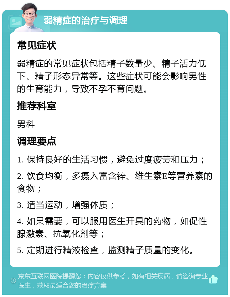 弱精症的治疗与调理 常见症状 弱精症的常见症状包括精子数量少、精子活力低下、精子形态异常等。这些症状可能会影响男性的生育能力，导致不孕不育问题。 推荐科室 男科 调理要点 1. 保持良好的生活习惯，避免过度疲劳和压力； 2. 饮食均衡，多摄入富含锌、维生素E等营养素的食物； 3. 适当运动，增强体质； 4. 如果需要，可以服用医生开具的药物，如促性腺激素、抗氧化剂等； 5. 定期进行精液检查，监测精子质量的变化。