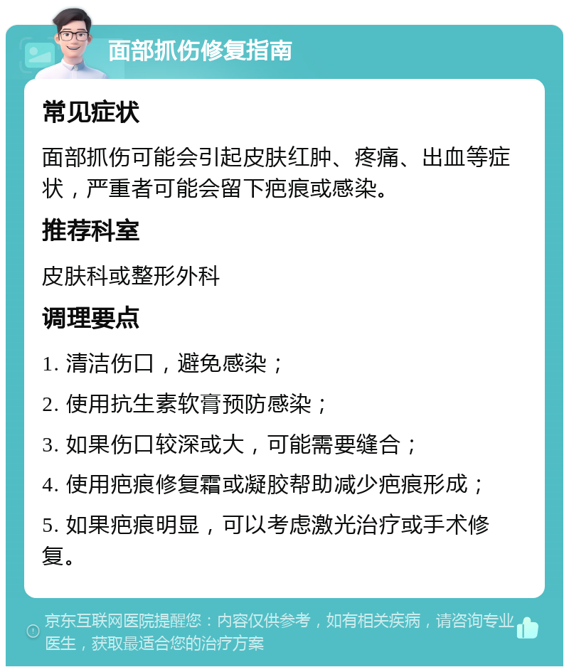 面部抓伤修复指南 常见症状 面部抓伤可能会引起皮肤红肿、疼痛、出血等症状，严重者可能会留下疤痕或感染。 推荐科室 皮肤科或整形外科 调理要点 1. 清洁伤口，避免感染； 2. 使用抗生素软膏预防感染； 3. 如果伤口较深或大，可能需要缝合； 4. 使用疤痕修复霜或凝胶帮助减少疤痕形成； 5. 如果疤痕明显，可以考虑激光治疗或手术修复。