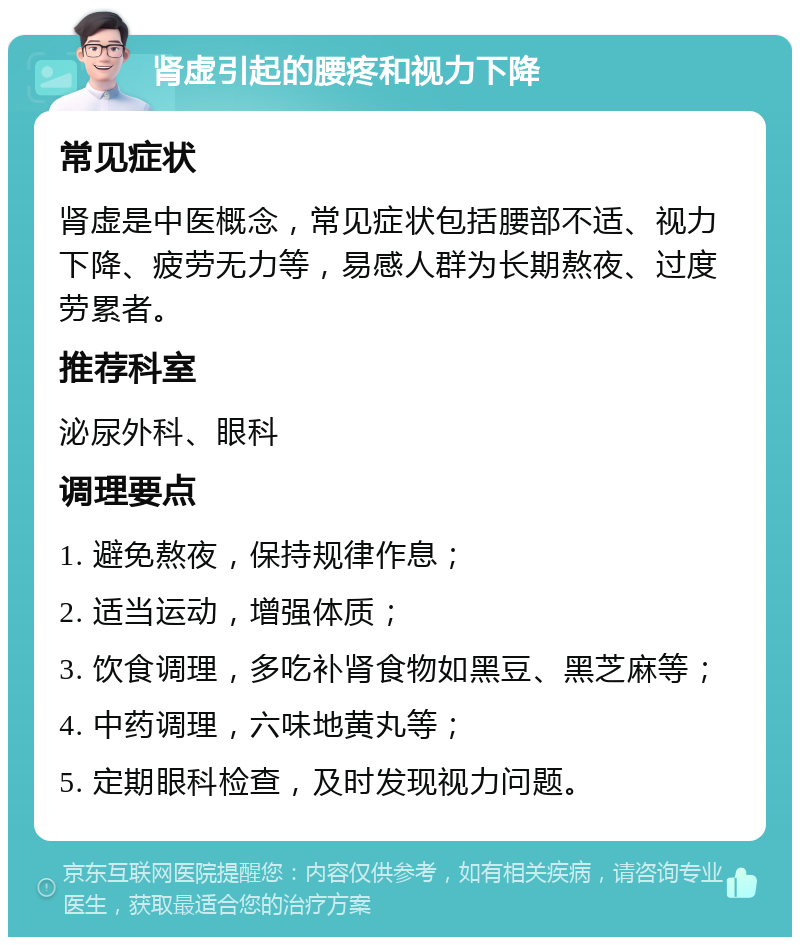 肾虚引起的腰疼和视力下降 常见症状 肾虚是中医概念，常见症状包括腰部不适、视力下降、疲劳无力等，易感人群为长期熬夜、过度劳累者。 推荐科室 泌尿外科、眼科 调理要点 1. 避免熬夜，保持规律作息； 2. 适当运动，增强体质； 3. 饮食调理，多吃补肾食物如黑豆、黑芝麻等； 4. 中药调理，六味地黄丸等； 5. 定期眼科检查，及时发现视力问题。