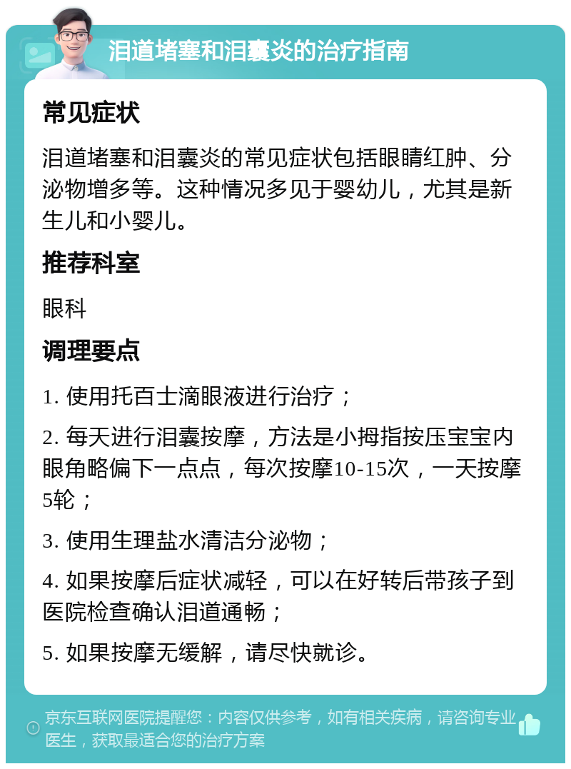 泪道堵塞和泪囊炎的治疗指南 常见症状 泪道堵塞和泪囊炎的常见症状包括眼睛红肿、分泌物增多等。这种情况多见于婴幼儿，尤其是新生儿和小婴儿。 推荐科室 眼科 调理要点 1. 使用托百士滴眼液进行治疗； 2. 每天进行泪囊按摩，方法是小拇指按压宝宝内眼角略偏下一点点，每次按摩10-15次，一天按摩5轮； 3. 使用生理盐水清洁分泌物； 4. 如果按摩后症状减轻，可以在好转后带孩子到医院检查确认泪道通畅； 5. 如果按摩无缓解，请尽快就诊。