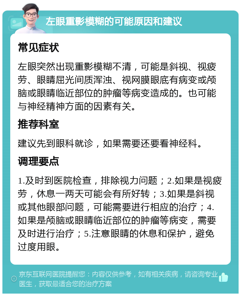 左眼重影模糊的可能原因和建议 常见症状 左眼突然出现重影模糊不清，可能是斜视、视疲劳、眼睛屈光间质浑浊、视网膜眼底有病变或颅脑或眼睛临近部位的肿瘤等病变造成的。也可能与神经精神方面的因素有关。 推荐科室 建议先到眼科就诊，如果需要还要看神经科。 调理要点 1.及时到医院检查，排除视力问题；2.如果是视疲劳，休息一两天可能会有所好转；3.如果是斜视或其他眼部问题，可能需要进行相应的治疗；4.如果是颅脑或眼睛临近部位的肿瘤等病变，需要及时进行治疗；5.注意眼睛的休息和保护，避免过度用眼。