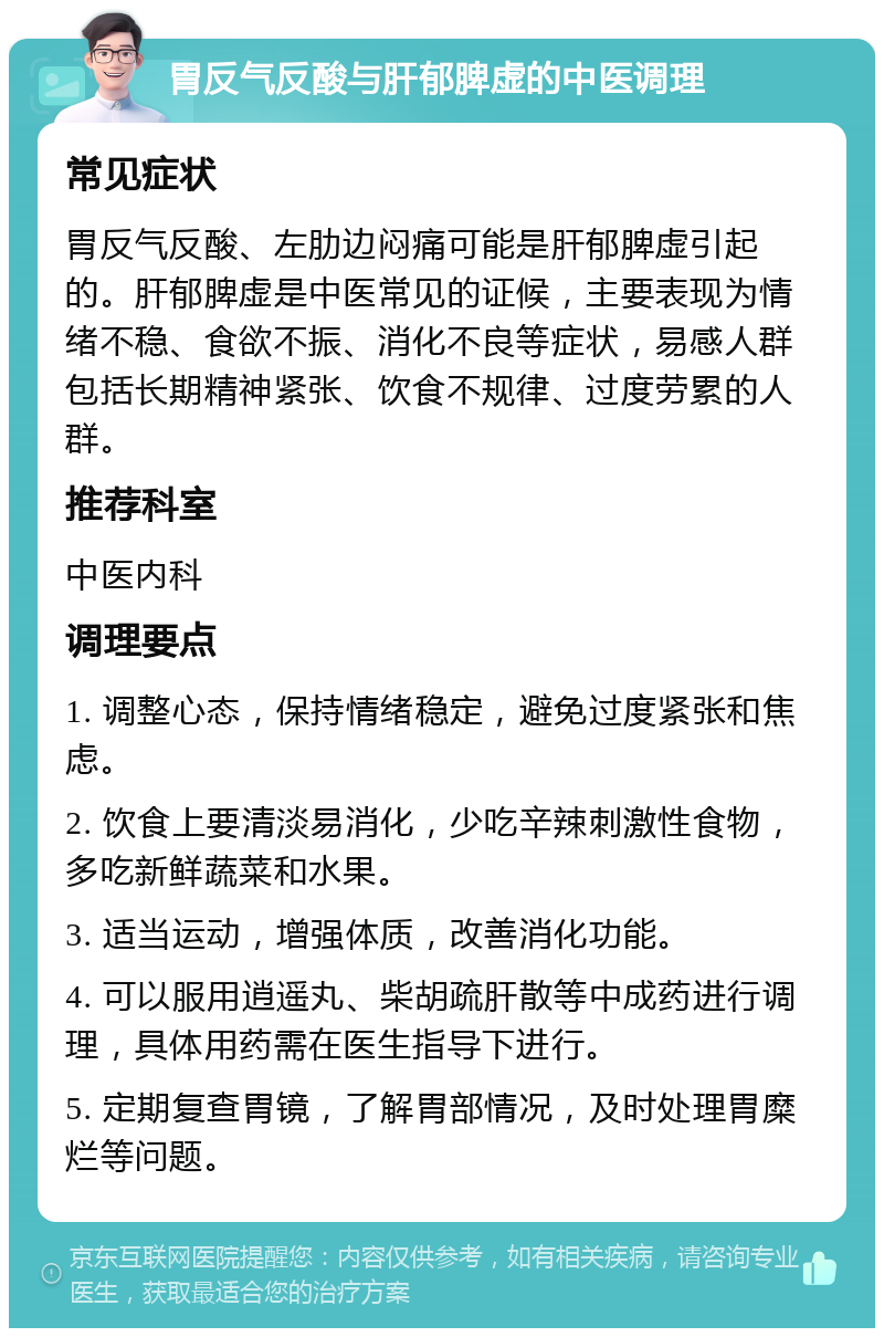 胃反气反酸与肝郁脾虚的中医调理 常见症状 胃反气反酸、左肋边闷痛可能是肝郁脾虚引起的。肝郁脾虚是中医常见的证候，主要表现为情绪不稳、食欲不振、消化不良等症状，易感人群包括长期精神紧张、饮食不规律、过度劳累的人群。 推荐科室 中医内科 调理要点 1. 调整心态，保持情绪稳定，避免过度紧张和焦虑。 2. 饮食上要清淡易消化，少吃辛辣刺激性食物，多吃新鲜蔬菜和水果。 3. 适当运动，增强体质，改善消化功能。 4. 可以服用逍遥丸、柴胡疏肝散等中成药进行调理，具体用药需在医生指导下进行。 5. 定期复查胃镜，了解胃部情况，及时处理胃糜烂等问题。