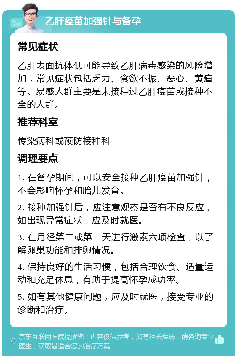 乙肝疫苗加强针与备孕 常见症状 乙肝表面抗体低可能导致乙肝病毒感染的风险增加，常见症状包括乏力、食欲不振、恶心、黄疸等。易感人群主要是未接种过乙肝疫苗或接种不全的人群。 推荐科室 传染病科或预防接种科 调理要点 1. 在备孕期间，可以安全接种乙肝疫苗加强针，不会影响怀孕和胎儿发育。 2. 接种加强针后，应注意观察是否有不良反应，如出现异常症状，应及时就医。 3. 在月经第二或第三天进行激素六项检查，以了解卵巢功能和排卵情况。 4. 保持良好的生活习惯，包括合理饮食、适量运动和充足休息，有助于提高怀孕成功率。 5. 如有其他健康问题，应及时就医，接受专业的诊断和治疗。