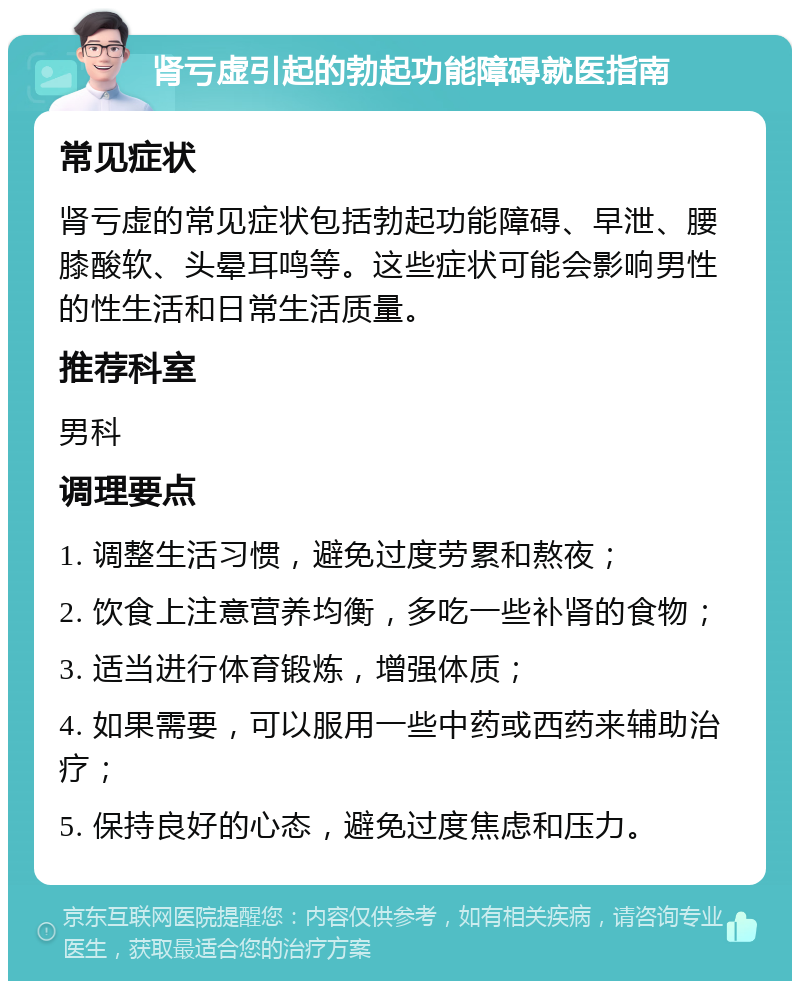 肾亏虚引起的勃起功能障碍就医指南 常见症状 肾亏虚的常见症状包括勃起功能障碍、早泄、腰膝酸软、头晕耳鸣等。这些症状可能会影响男性的性生活和日常生活质量。 推荐科室 男科 调理要点 1. 调整生活习惯，避免过度劳累和熬夜； 2. 饮食上注意营养均衡，多吃一些补肾的食物； 3. 适当进行体育锻炼，增强体质； 4. 如果需要，可以服用一些中药或西药来辅助治疗； 5. 保持良好的心态，避免过度焦虑和压力。