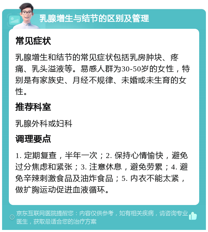 乳腺增生与结节的区别及管理 常见症状 乳腺增生和结节的常见症状包括乳房肿块、疼痛、乳头溢液等。易感人群为30-50岁的女性，特别是有家族史、月经不规律、未婚或未生育的女性。 推荐科室 乳腺外科或妇科 调理要点 1. 定期复查，半年一次；2. 保持心情愉快，避免过分焦虑和紧张；3. 注意休息，避免劳累；4. 避免辛辣刺激食品及油炸食品；5. 内衣不能太紧，做扩胸运动促进血液循环。