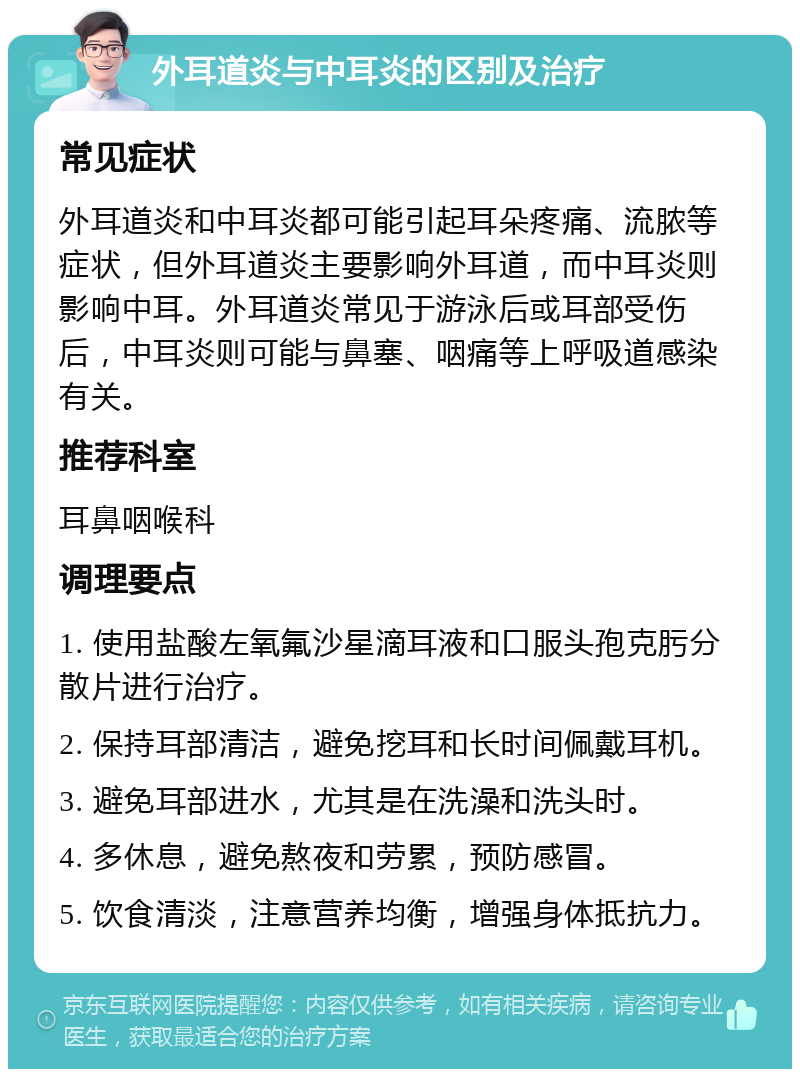 外耳道炎与中耳炎的区别及治疗 常见症状 外耳道炎和中耳炎都可能引起耳朵疼痛、流脓等症状，但外耳道炎主要影响外耳道，而中耳炎则影响中耳。外耳道炎常见于游泳后或耳部受伤后，中耳炎则可能与鼻塞、咽痛等上呼吸道感染有关。 推荐科室 耳鼻咽喉科 调理要点 1. 使用盐酸左氧氟沙星滴耳液和口服头孢克肟分散片进行治疗。 2. 保持耳部清洁，避免挖耳和长时间佩戴耳机。 3. 避免耳部进水，尤其是在洗澡和洗头时。 4. 多休息，避免熬夜和劳累，预防感冒。 5. 饮食清淡，注意营养均衡，增强身体抵抗力。