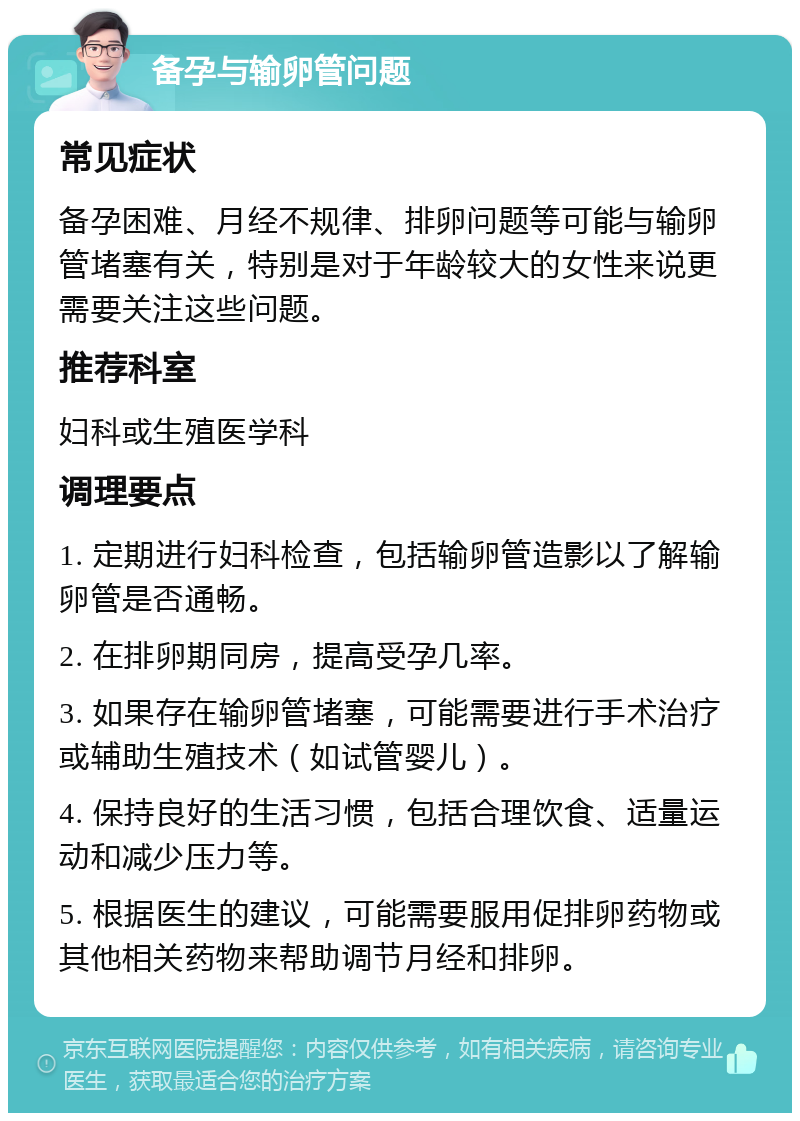 备孕与输卵管问题 常见症状 备孕困难、月经不规律、排卵问题等可能与输卵管堵塞有关，特别是对于年龄较大的女性来说更需要关注这些问题。 推荐科室 妇科或生殖医学科 调理要点 1. 定期进行妇科检查，包括输卵管造影以了解输卵管是否通畅。 2. 在排卵期同房，提高受孕几率。 3. 如果存在输卵管堵塞，可能需要进行手术治疗或辅助生殖技术（如试管婴儿）。 4. 保持良好的生活习惯，包括合理饮食、适量运动和减少压力等。 5. 根据医生的建议，可能需要服用促排卵药物或其他相关药物来帮助调节月经和排卵。