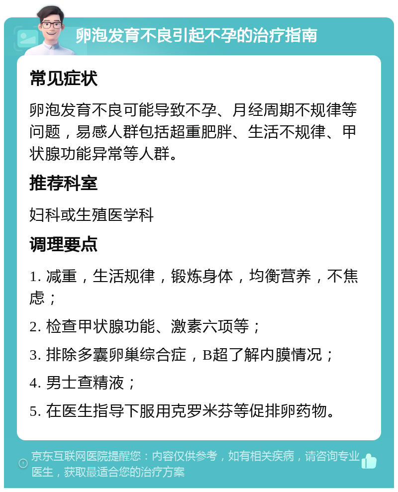 卵泡发育不良引起不孕的治疗指南 常见症状 卵泡发育不良可能导致不孕、月经周期不规律等问题，易感人群包括超重肥胖、生活不规律、甲状腺功能异常等人群。 推荐科室 妇科或生殖医学科 调理要点 1. 减重，生活规律，锻炼身体，均衡营养，不焦虑； 2. 检查甲状腺功能、激素六项等； 3. 排除多囊卵巢综合症，B超了解内膜情况； 4. 男士查精液； 5. 在医生指导下服用克罗米芬等促排卵药物。